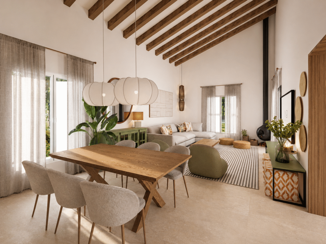 Vista general de salón comedor rústico moderno con mesa de madera, chimenea y vigas vistas